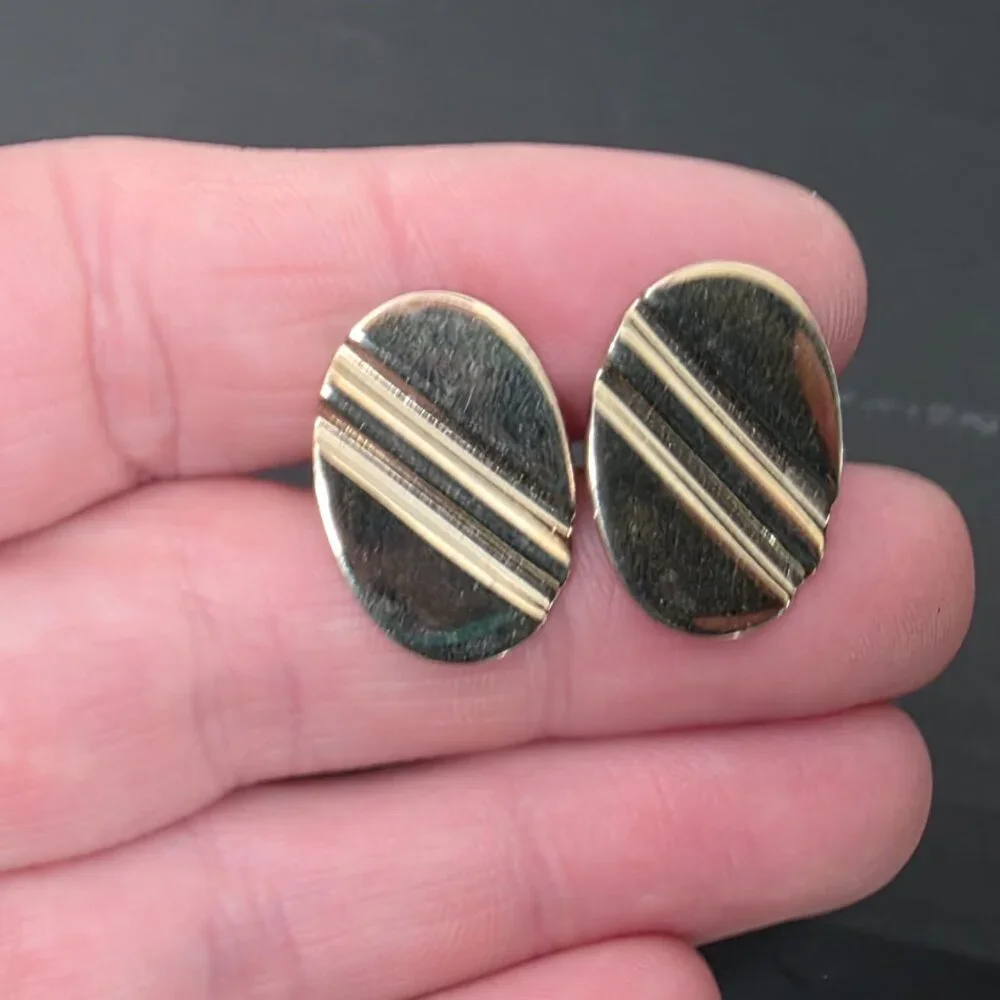 Vintage Gold Tone Oval Cufflinks Diagonal Stripe Mid Century Modern Geometric MC